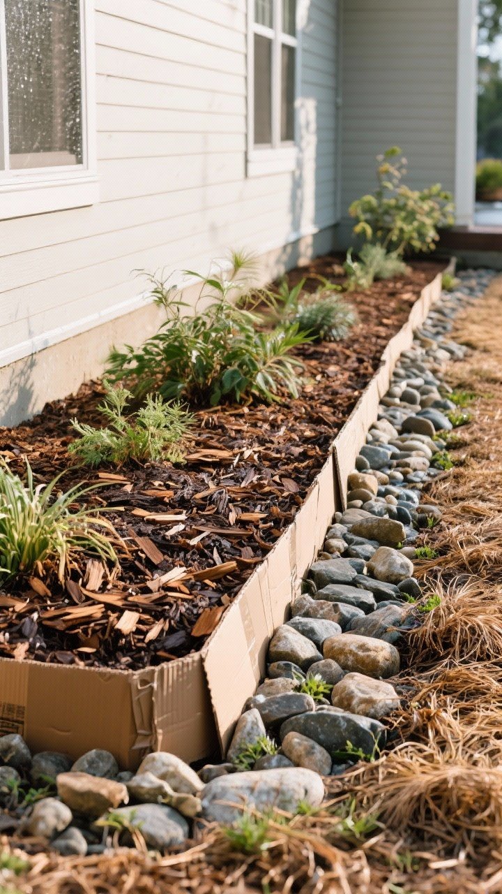Medium shot of mulched garden beds styled like a pro: a base layer of visible cardboard tucked under fresh shredded hardwood for clean lines, transitioning to informal pine straw around looser plantings. A narrow band of smooth river rock runs along the house foundation for drainage and contrast. Midday diffused light after light rain to make mulch colors rich; angled view to show mixed textures and neat, weed-smothering coverage.