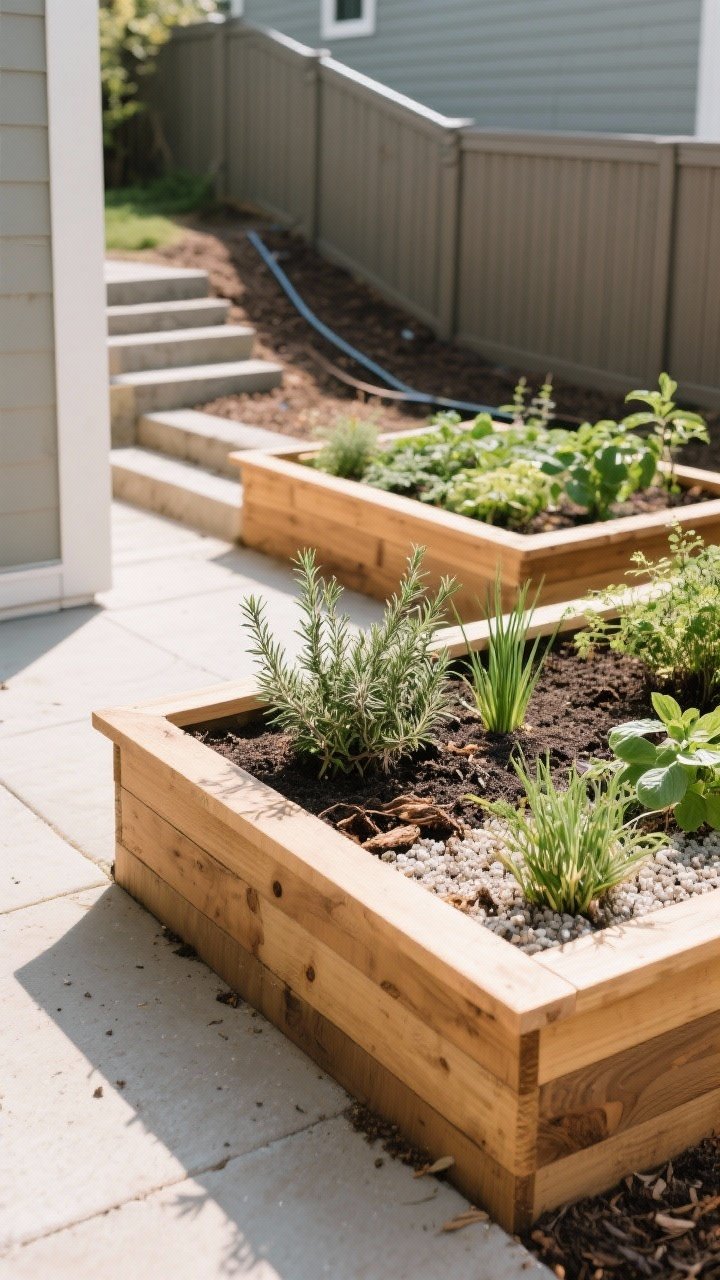 Medium shot of raised beds near a patio: two rot-resistant wood planters 12 inches high, crisp corners, filled with a mix of topsoil, compost, and perlite; herbs like rosemary, thyme, basil, and chives grouped for a kitchen garden; clean borders along a fence visible in background; optional terraced segment hinting at slope management; surface mulched and a discreet drip line visible; bright morning light; perspective: corner angle capturing bed depth and tidy lines.