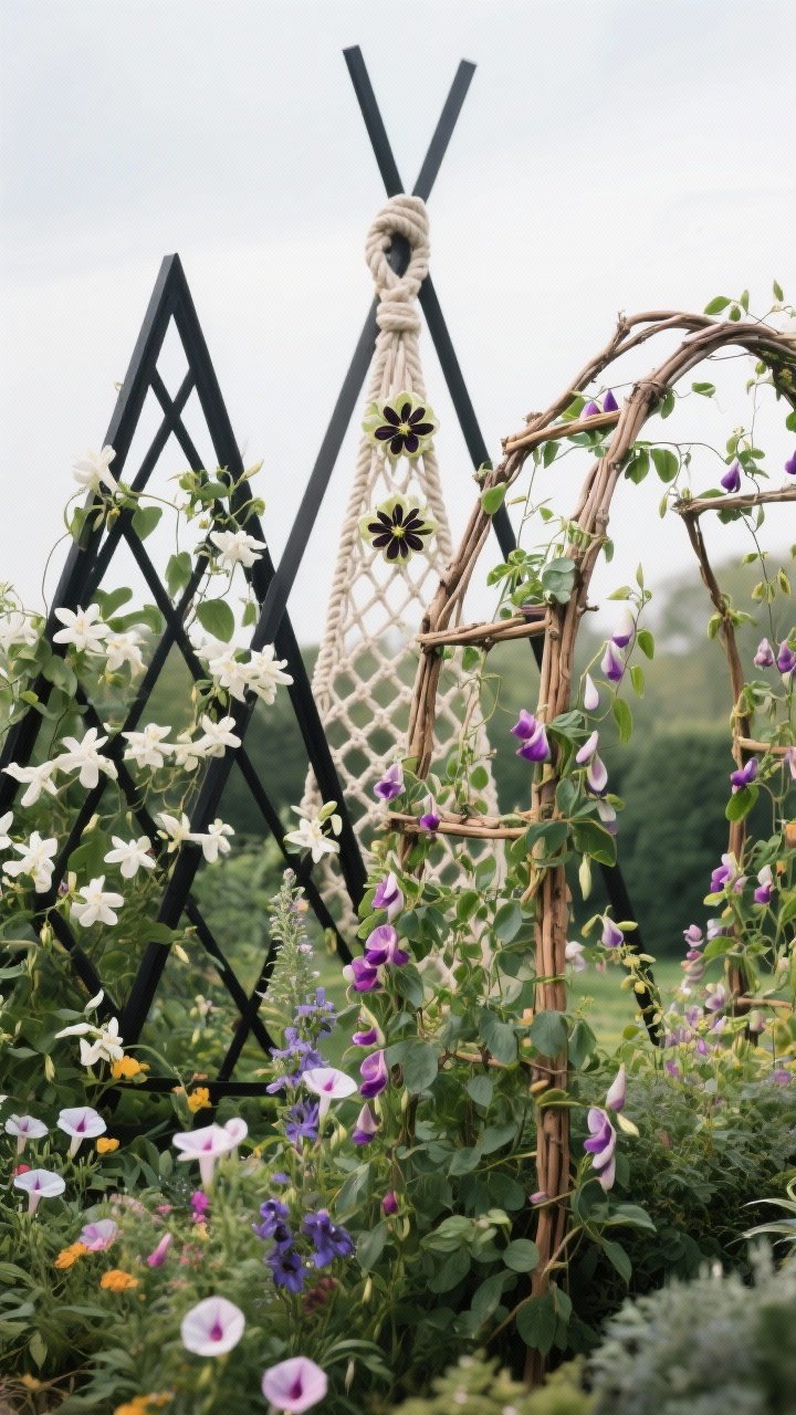 Medium shot of sculptural trellises as the garden centerpiece, photographed at a slight upward angle to show structure. Three styles in one scene: black metal triangular trellis with white jasmine; a macramé rope trellis hosting passionflower; bent willow/hazel hoop trellises covered with sweet pea and clematis. Lush paired climbers including morning glory for quick color and clematis for longevity. Soft overcast light highlights architectural lines; background muted.