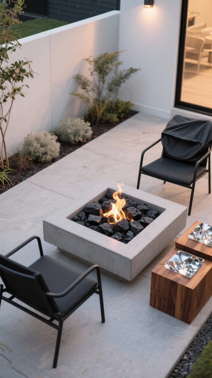 Medium shot on a small modern patio featuring a low-profile concrete fire bowl filled with black lava rock, paired with matte black metal chairs and warm teak side tables, reflective fire glass subtly mixed for glam sparkle, neutral palette planting around the edges, clean lines, a snuffer lid and fitted weather cover set neatly to the side, soft evening light, minimal aesthetic, photorealistic.