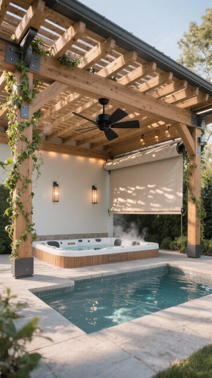 Medium shot, slightly low angle: A hot tub beneath a cedar pergola with a retractable canopy, integrated gutters, dimmable warm lights, and a matte black ceiling fan; roofline height at 9 feet to allow steam to escape; optional vine trellis starting to climb; clean aluminum brackets and powder-coated steel accents; gentle shade with dappled light across water surface; photorealistic.