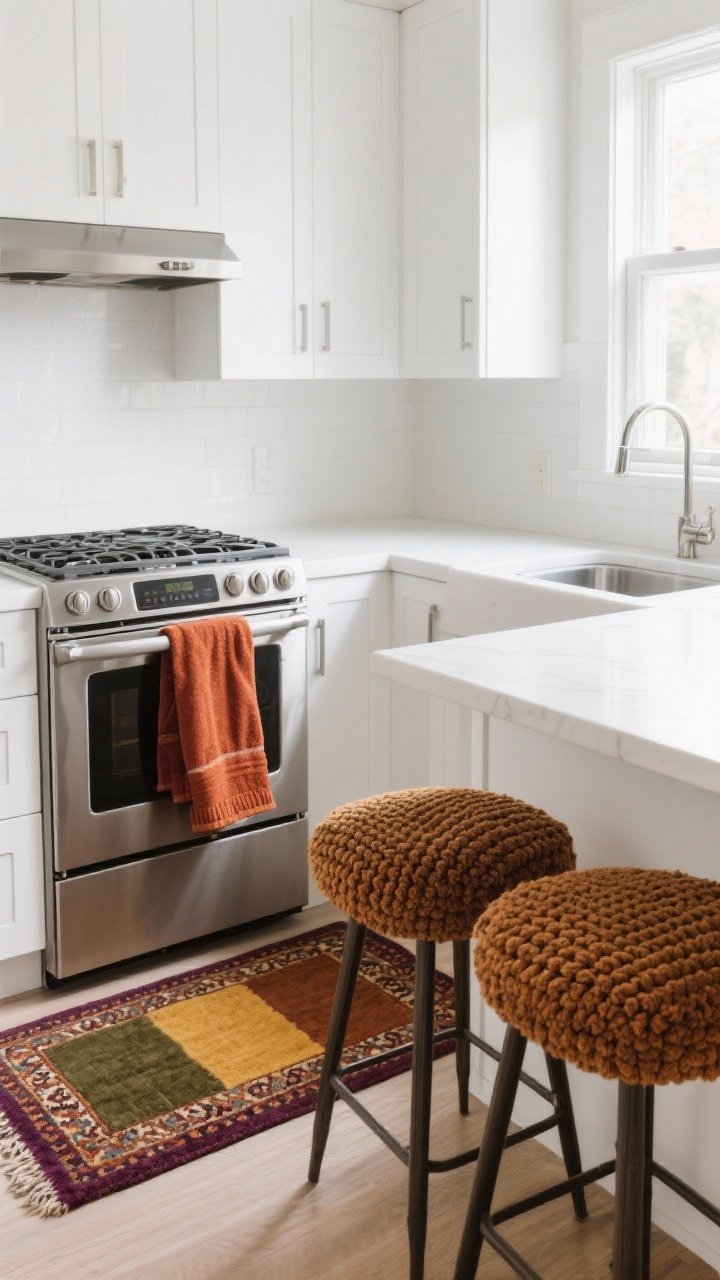 Medium shot, straight-on: A bright white-and-stainless modern kitchen corner with a warm fall textile refresh—rich-toned towel in rust draped over the stainless oven handle, a low-pile Persian-inspired runner in muted olive, caramel, mustard, and deep plum by the sink, and two counter stools with textured bouclé/nubby weave cushions. Emphasize earthy, tactile fabrics like waffle-knit cotton and linen blends; moody fall palette against white cabinetry and stainless appliances. Soft natural daylight from a window, crisp photorealistic detail on fabric weave and rug pattern. No clutter; machine-washable textiles implied.
