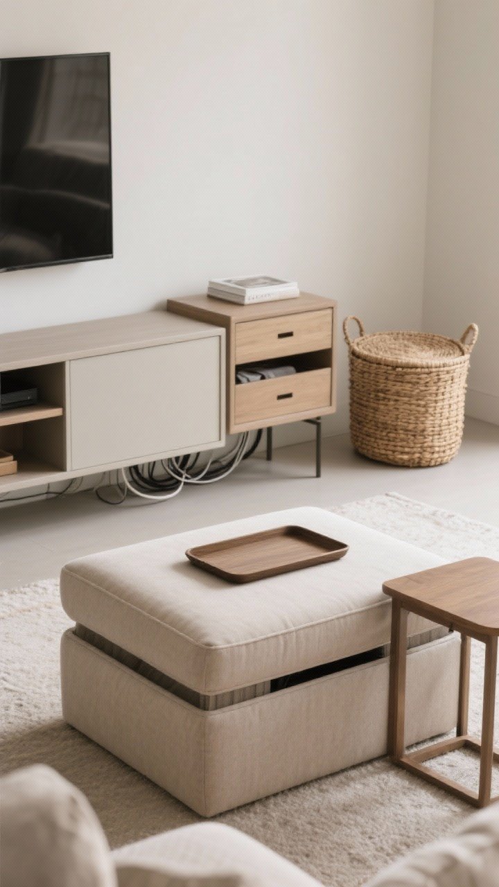 Medium shot, straight-on: A discreet storage-focused vignette—an upholstered storage ottoman topped with a tray acting as a coffee table; a closed-base media console with clean cord management (no visible cables); a compact side table with drawers instead of open shelves; one large lidded woven basket for streamlined organization; calm, clutter-free surfaces under soft, even natural lighting.