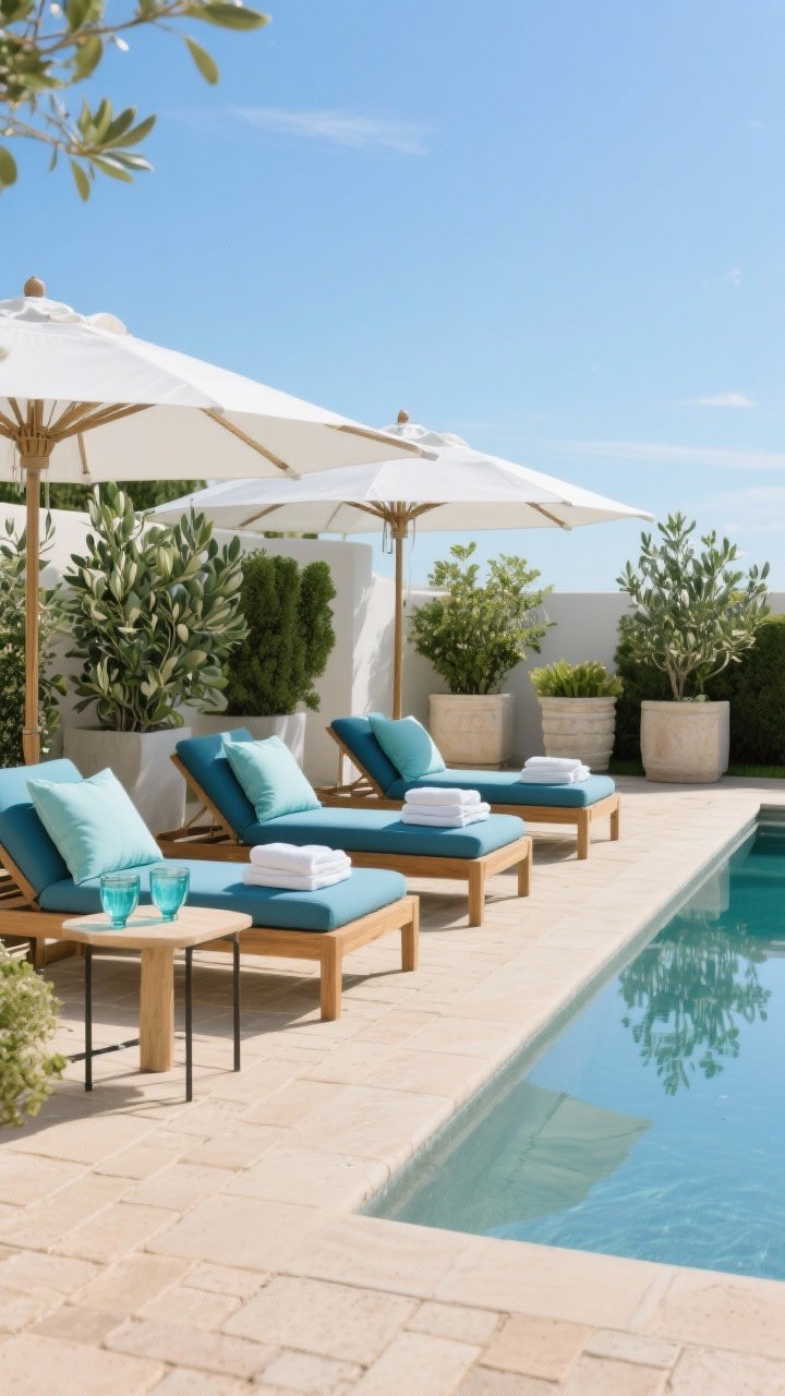 Medium shot, straight-on: A patio vignette featuring a nature-inspired palette—sand-beige pavers, sea-glass blue cushions on teak loungers, crisp white umbrellas; nearby planters with olive green foliage; consistent accent colors repeated in pillows, towels folded on a bench, and matching tinted drinkware on a small table; bright daylight with a clear sky reflection in the pool.