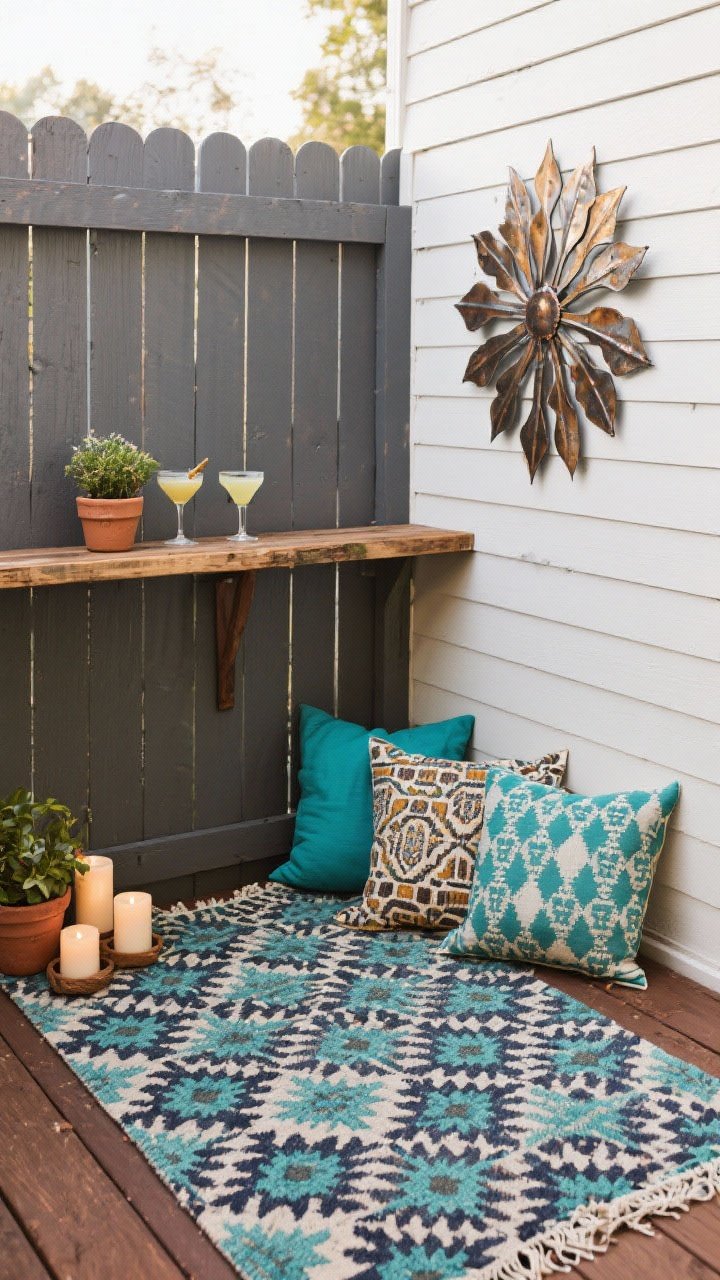 Medium shot, straight-on: A personality-packed deck corner—metal outdoor wall sculpture mounted on a fence panel above a narrow DIY bar shelf ledge attached to the railing with two drinks and small planters. Bold patterned outdoor rug (Moroccan or geometric) underfoot. A tight color story with 1–2 accent hues repeated in throw pillows, planters, and candles. Playful, curated details, no people, photorealistic.