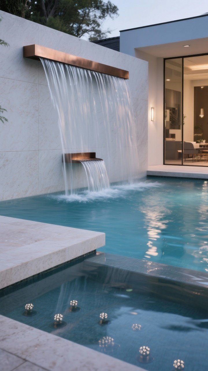 Medium shot, straight-on at pool edge: Subtle water features—sleek sheer descent waterfalls along a pool wall creating a clean, thin sheet of water; a modern bronze scupper gently trickling into the pool; low bubblers on a sun shelf producing soft ripples; emphasis on calm, conversation-friendly sound; minimal, refined materials and reflections on a still evening.