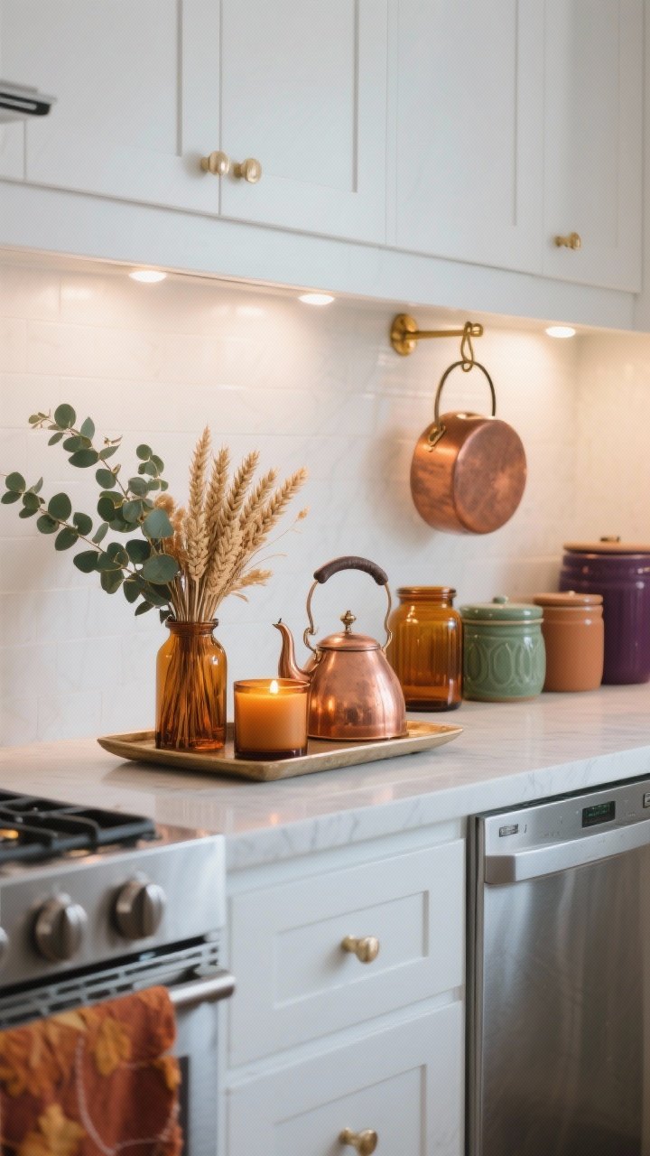 Medium shot, straight-on counter scene in a cool-toned kitchen with white cabinets and stainless steel appliances: Warm autumn accents pop—an elegant copper kettle on a styled tray with a single amber candle and a small bundle of eucalyptus/dried wheat; amber glass jars and ceramic canisters neatly arranged; a single copper pot hanging on a hook; brass/copper touches to balance the cool space. Lighting is warm white (2700K) bulbs creating a cozy glow that shifts the overall tone toward copper, caramel, mossy green, plum, and deep terracotta accents. Photorealistic, no people.
