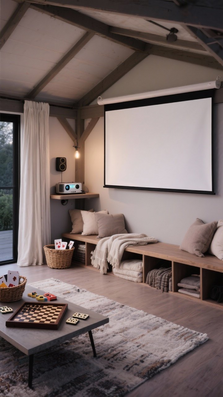 Medium shot straight-on: Entertainment-ready setup—drop-down projector screen (or white blackout curtain) at one end of the gazebo, portable projector on a shelf, a hidden Bluetooth speaker, a game basket with cards, dominoes, and backgammon on a low table, and a storage bench for blankets and extra floor cushions; soft textiles and a rug to reduce echo; dusky pre-movie lighting, photorealistic.