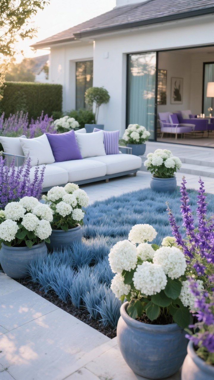 Medium shot, straight-on garden bed and patio vignette unified by a hero color palette: Cool + Calm scheme—white hydrangeas, purple salvia, and blue fescue grass repeated across beds and matching pots; cushions and planters in soft whites, slate blues, and muted purples for consistency; serene late afternoon light, cohesive upscale mood, photorealistic.