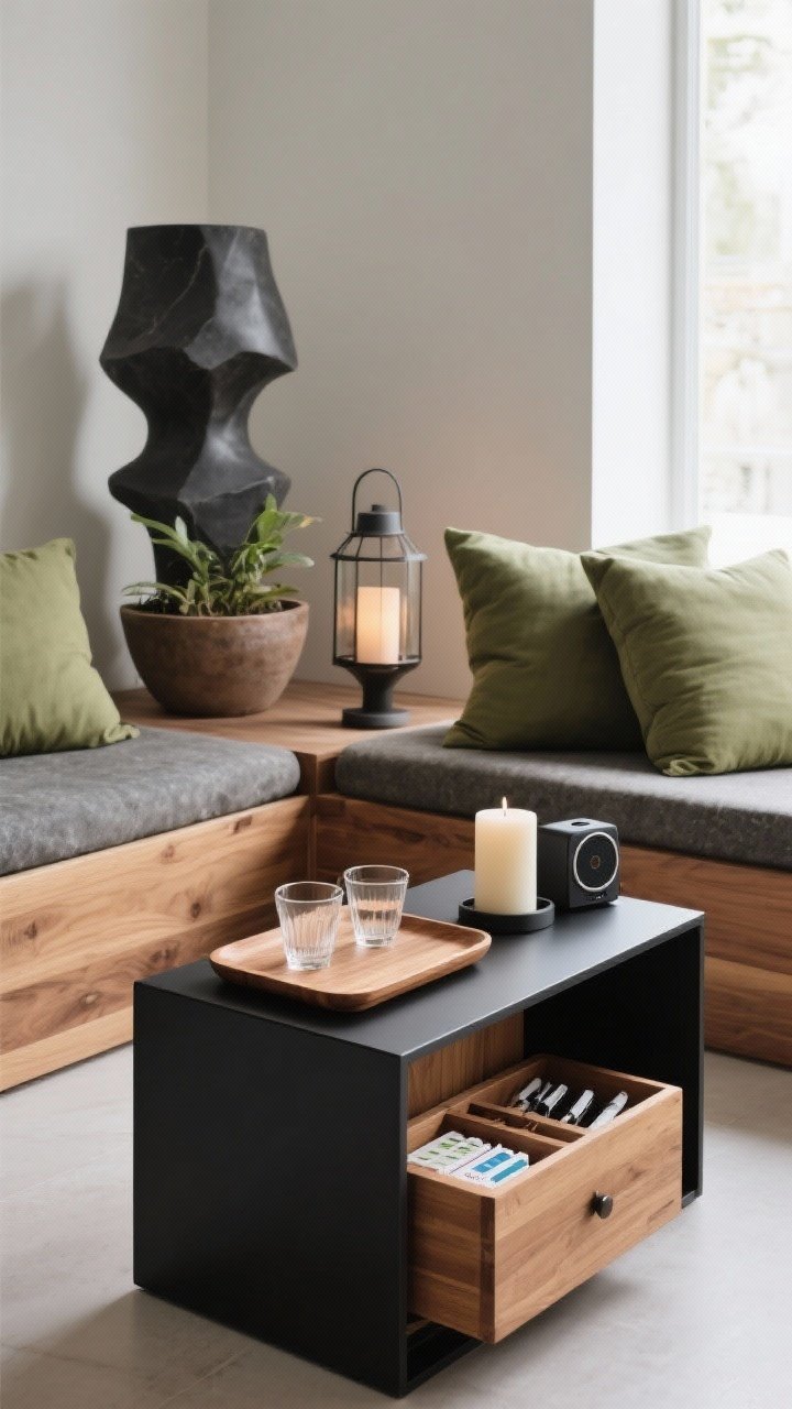 Medium shot, straight-on styling scene: A boutique-spa look with a restrained color palette—warm wood tones, charcoal accents, and a pop of sage across cushions and a sculptural planter; materials mix of wood, smooth stone, and matte black metal; a teak tray styled with two glasses, a candle, and a waterproof speaker on a sleek side table; a deck box with organized compartments partly open showing neatly stored test strips and tools; minimal clutter, one statement lantern; soft, even daylight; photorealistic, no people.