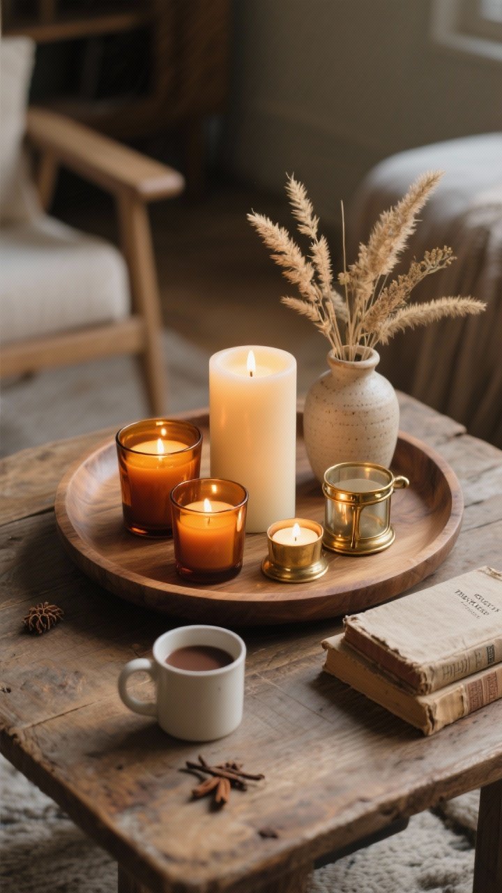 Medium shot, straight-on view: A cozy candle cluster on a round wood tray atop a rustic coffee table, mixing candle types—one creamy pillar candle, two amber glass votives, and a couple of tea lights—some inside antique brass hurricane sleeves for safety. Beside the cluster, a small ceramic vase with dried grasses and a tiny stack of vintage books with worn linen covers. Lighting is warm and inviting with candle glow reflecting in amber glass and brass; subtle scent cues implied (spiced cider/vanilla chai/cedar) but not labeled; overall mood “mug of cocoa” cozy; photorealistic, no people.