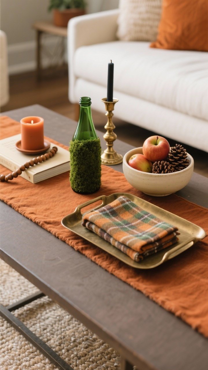 Medium shot, straight-on view of a curated fall color story on a coffee table using shopped-at-home items in a palette of burnt orange, camel, moss, cream, and brass. On a taupe runner: a green (olive/moss) glass bottle, a vintage brass candlestick with a black taper, a cream ceramic bowl holding apples or pinecones, and a folded plaid napkin or mini scarf tucked partly under a small tray. Include one mini vignette: terracotta candle atop a cream book with wood beads draped alongside. Keep to 2–3 dominant colors for an intentional look, with warm ambient daylight. Photorealistic, no people.