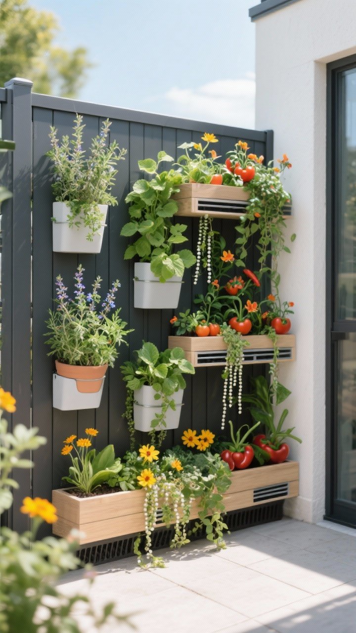 Medium shot, straight-on view of a small patio fence transformed into a vertical garden: modular wall pockets and slim shelving holding a mixed planting—herb wall of thyme, oregano, parsley, and mint in its own pot; trailing ivy, bacopa, nasturtiums, and string of pearls cascading; sunny-tier with dwarf tomatoes, peppers, and marigolds; visible drainage trays; bright daylight, tidy modern backdrop, photorealistic.