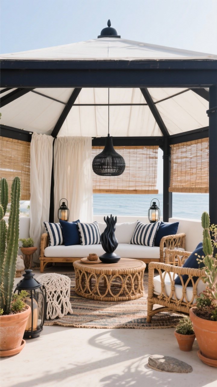 Medium shot: Styled theme vignette inside a gazebo—choose one look and commit: Modern Coastal with navy and white palette, teak furniture, rope details, striped pillows, lanterns; or Boho Garden with rattan furniture, macramé, layered rugs, terracotta planters; or Minimal Zen with black and natural wood, bamboo shades, stone accents; or Desert Chic with terracotta and sage, cactus planters, linen curtains, matte black metals; include one signature moment like a sculptural centerpiece or statement pendant; clean, photorealistic lighting.