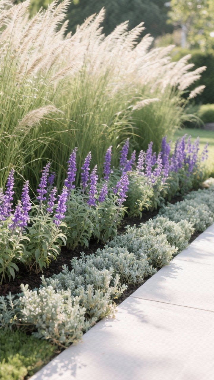Medium side-angle border layering shot: a sunny garden bed planted in three tiers—tall ornamental grasses swaying in back, a repeating rhythm of purple salvia in the middle, and a low front edge of thyme/sedum spilling slightly over a clean edge; tight, cohesive color palette of greens, silvery tones, and violet blooms; soft morning light enhancing depth, crisp focus on repeating groups of three and five, no people.