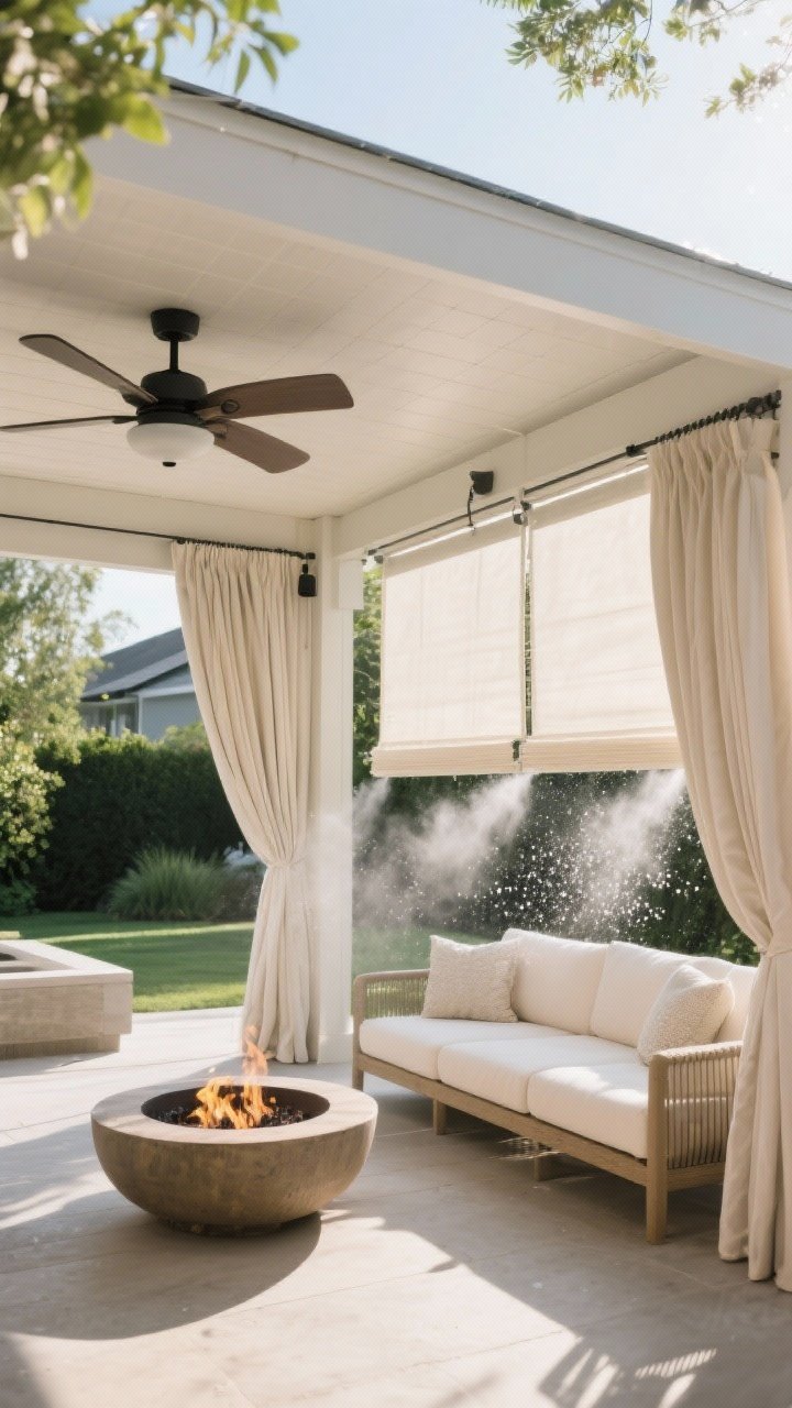 Medium-side angle: Cooling comfort features under the cabana—damp-rated outdoor ceiling fans spinning softly, retractable shades pulled down on the sunniest side, discreet mister lines hidden along beams releasing a fine spray. Light-colored performance curtains reflect heat. In the background, a compact fire pit waits for cooler evenings. High-summer midday light with visible mist droplets, fresh and breezy feel.