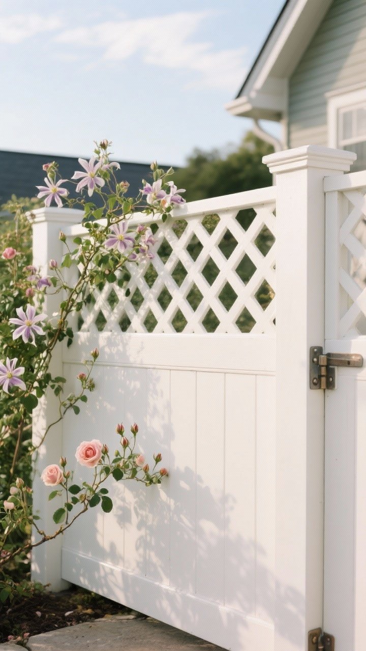 Medium, slightly elevated angle of a traditional fence with a painted lattice topper: diamond-pattern lattice in white matching home trim, atop a solid privacy panel; flowering vines—clematis and climbing roses—threading through, with early buds and a few open blooms; reinforced posts with metal brackets visible for support; soft morning light with sky peeking above, creating a romantic cottage-core mood.
