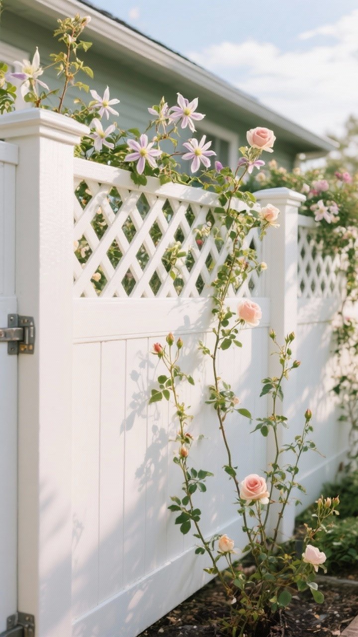 Medium, slightly elevated angle of a traditional fence with a painted lattice topper: diamond-pattern lattice in white matching home trim, atop a solid privacy panel; flowering vines—clematis and climbing roses—threading through, with early buds and a few open blooms; reinforced posts with metal brackets visible for support; soft morning light with sky peeking above, creating a romantic cottage-core mood.