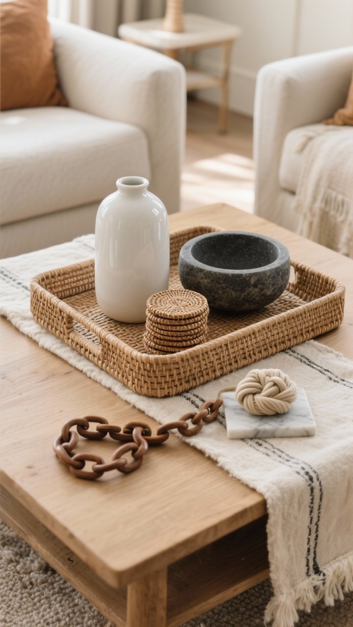 Medium, straight-on living room scene focusing on a coffee table styled with layered textures for fall: a rectangular rattan tray centered on a light oak table atop a folded flax linen runner, with a small wool mat peeking beneath one corner of the tray; inside the tray, a glossy ivory ceramic vase (tall), a matte charcoal stone bowl (medium), and a small stack of woven coasters (low). Add a small carved wood chain link draped casually next to the tray and a marble knot resting on the runner. Use the rule of thirds in object heights, limit to 3–5 objects, and emphasize contrast of finishes (glossy vs matte, woven vs stone). Neutral palette with camel, cream, charcoal, and natural rattan tones, soft afternoon natural light that highlights tactile surfaces. No people.