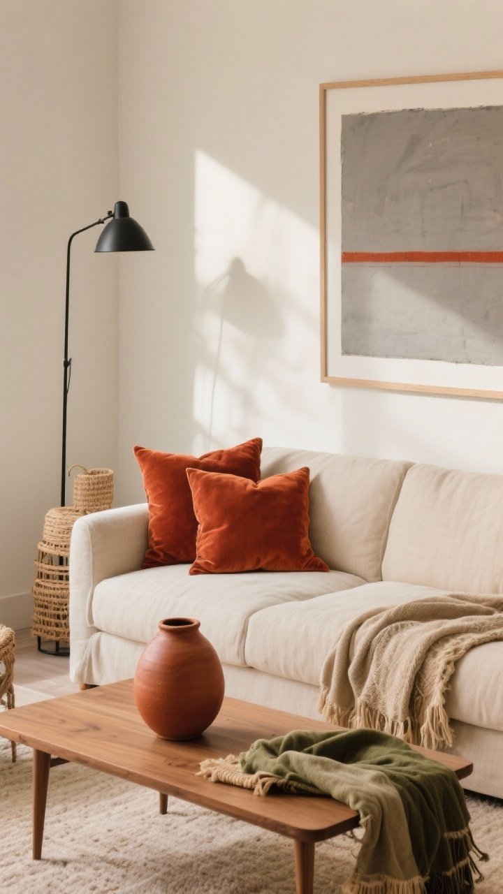 Medium, straight-on shot of a modern boho living room corner showcasing an earthy neutral palette with one pop: cream walls, beige linen sofa, soft gray oversized artwork, warm wood coffee table, black metal floor lamp, and natural fiber accents. Add olive and oat textiles, plus a single accent color repeated three times—rust velvet pillow, rust ceramic vase on the table, and a rust stripe in a framed print. Lighting is calm late-afternoon natural light with gentle shadows. Composition emphasizes the 60/30/10 balance and cohesive, warm, grounded mood. No people.