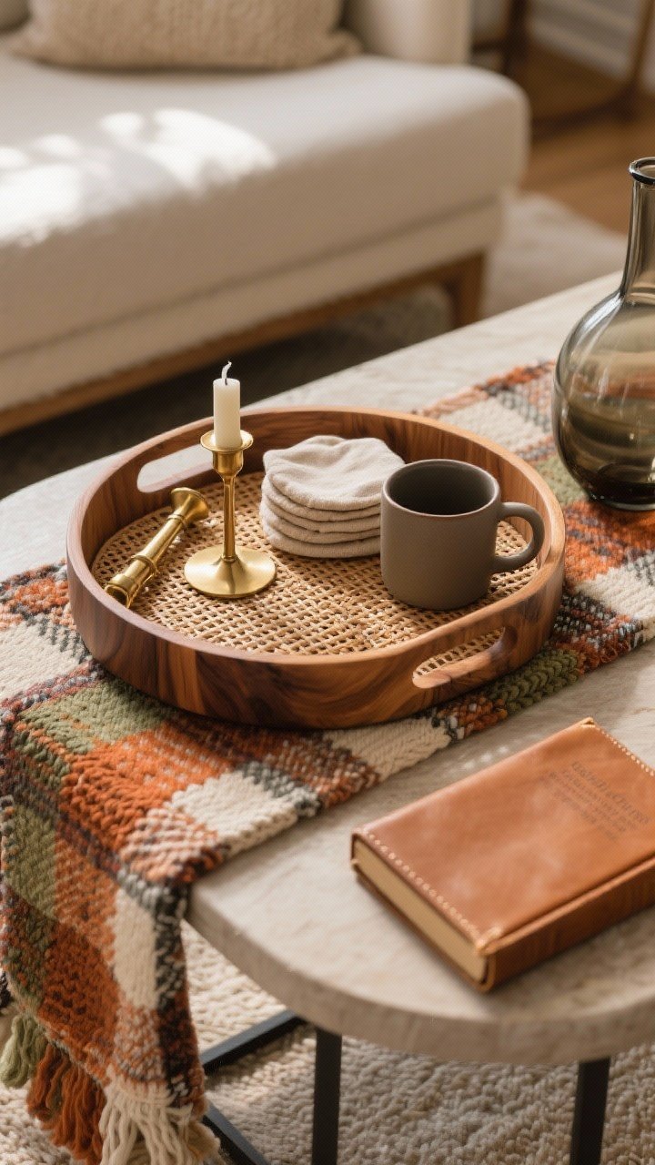 Medium, straight-on shot of a styled coffee table focused on layered textures: a mango wood or woven rattan tray centered atop a folded plaid or chunky knit runner partially peeking out, with mixed materials arranged inside—brass candle snuffer, linen coaster stack, a matte ceramic mug, and a smoked glass vase beside a leather-bound book. Keep palette tight to 3–4 colors: warm neutrals with a terracotta or olive accent. Include contrasting textures (wood + brass + linen + glass + leather). Soft afternoon natural light, shallow depth of field to highlight texture interplay. No people, photorealistic, cozy fall mood.