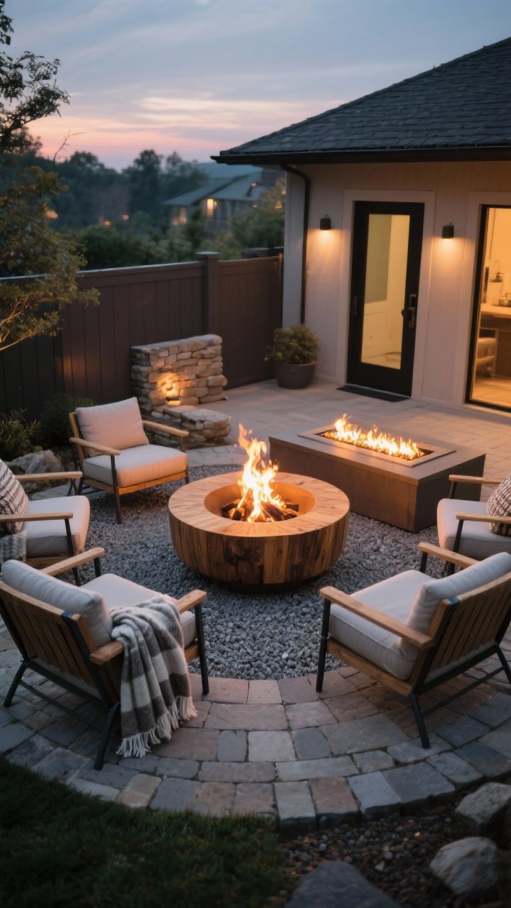Medium, straight-on view of a focal fire feature lounge: a round wood-burning fire pit on a gravel pad with stone paver accents, safely centered away from doors and fences; cushioned outdoor chairs with mixed wood and metal frames encircle the pit, throw blankets draped over armrests; include a second variation as a rectangular gas fire table for modern lounge energy; dusk scene with warm fire glow lighting nearby textures; no people, photorealistic.