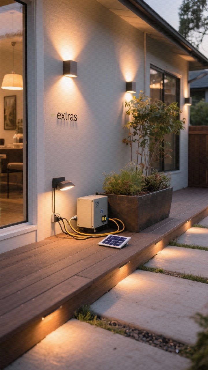 Medium vignette: A styled corner showing the “extras” in action—dimmed warm lights from multiple sources, neatly hidden cords clipped along deck edges, a small solar panel for a path light, and a low-voltage transformer tucked beside a planter; visual cue of consistent 2700–3000K warmth across fixtures; tidy, polished look that communicates practical finishing touches without visible clutter.