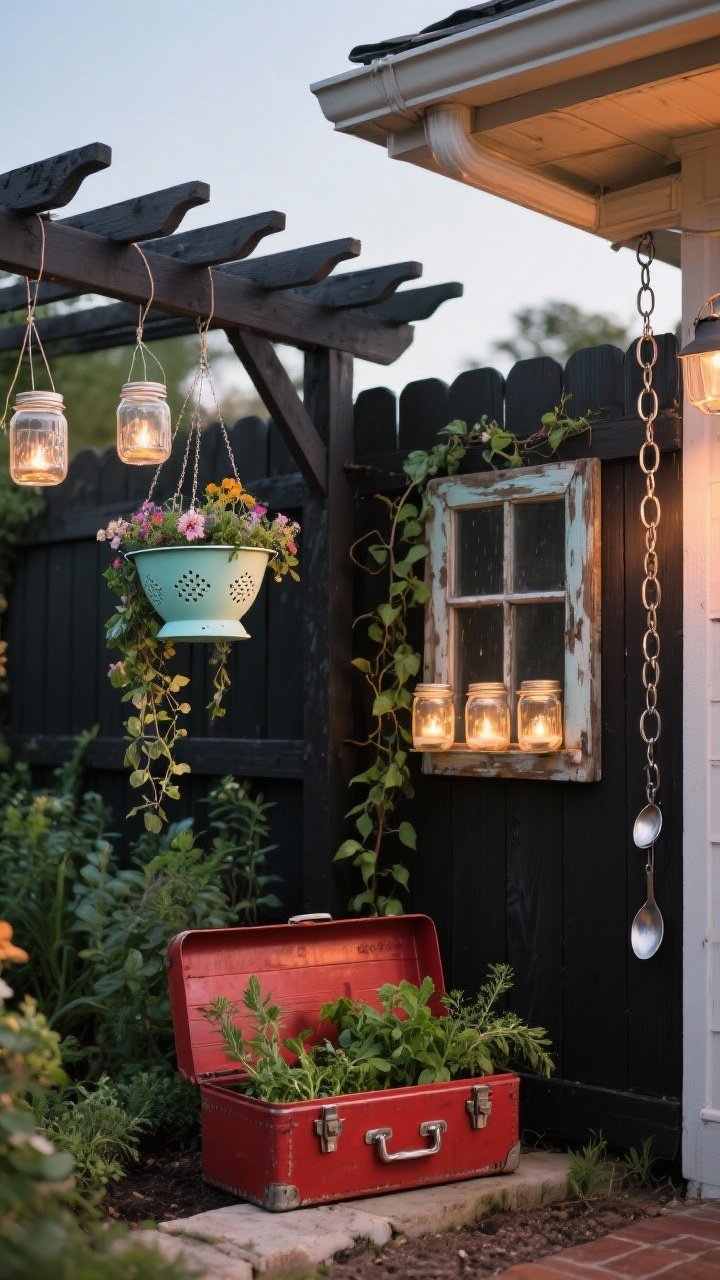 Medium vignette of creative upcycling in a garden corner: a vintage red metal toolbox lined with plastic brimming with herbs, a pastel-painted colander hanging basket with trailing flowers, an old window frame mounted on a fence used as a trellis for vines, a trio of mason jar LED votives hung with wire along a pergola beam, and a rain chain crafted from linked spoons cascading from a gutter. Cohesive palette of black metal and warm wood accents. Soft evening light for cozy charm, slight upward angle to capture hanging elements.