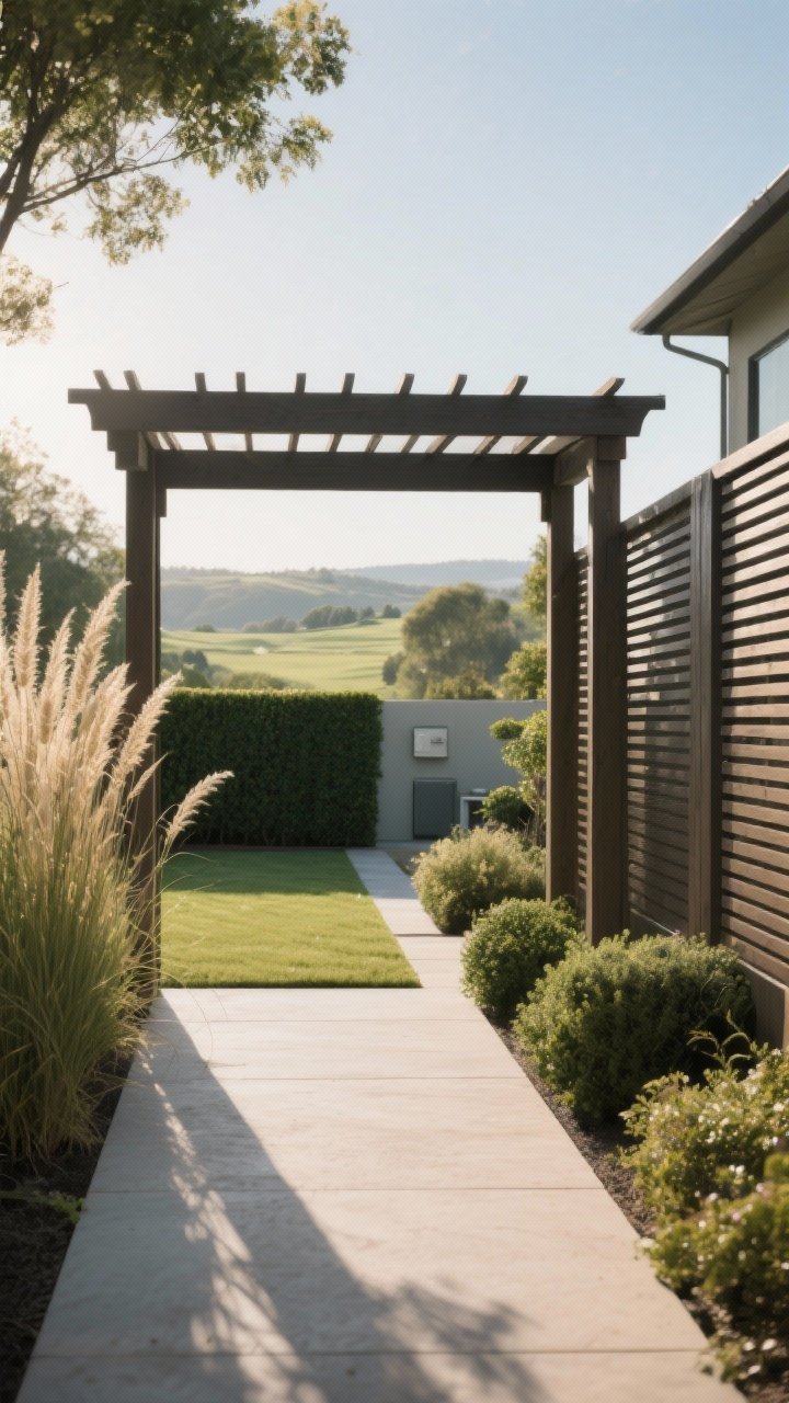 Medium-wide backyard view manipulation: an arbor perfectly framing a distant landscape beyond, guiding the eye outward; along one side, tall grasses and hedge panels partially screening a utility area; a slatted privacy screen layered with shrubs to soften lines; selective openness balanced with intentional mystery; late afternoon light with soft shadows; photorealistic, no people.