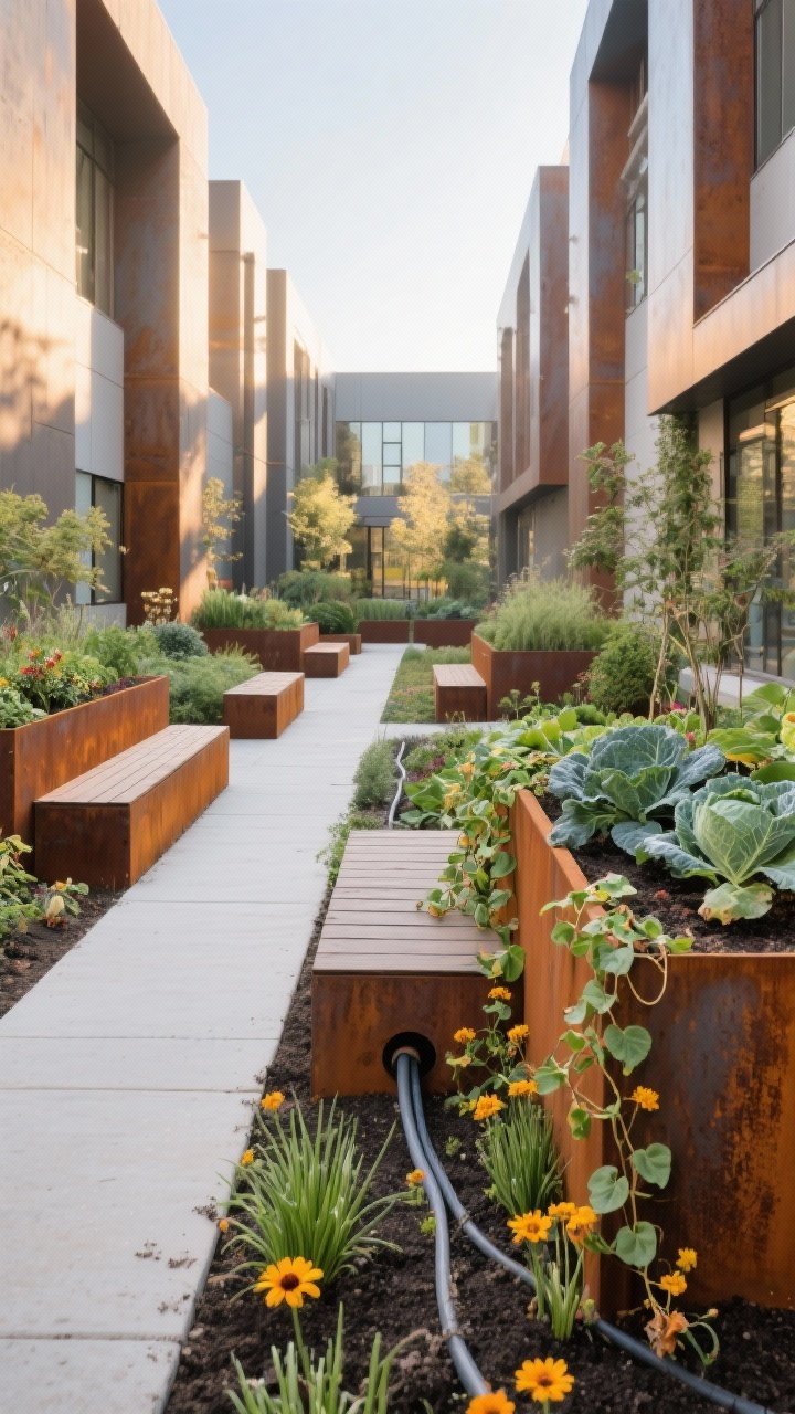 Medium-wide courtyard with architectural raised beds doubling as seating in late afternoon light: a mix of corten steel planters with warm patina and clean-lined composite board beds; some topped at 18–20 inches to serve as benches along a path; drip irrigation tubing subtly visible along soil surface; lush mixed planting of edibles and ornamentals—kale, marigold, chives, and trailing nasturtium spilling over edges; crisp pathways, modern vibe; straight-on view highlighting structure and height drama, no people.