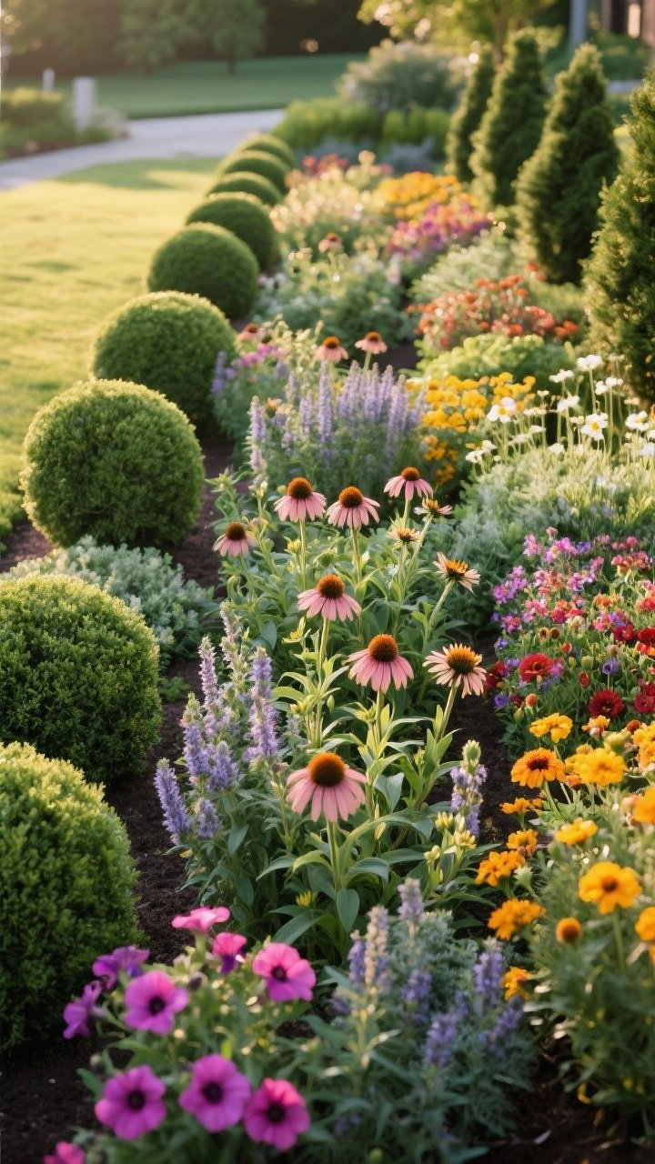 Medium-wide garden bed showing a balanced mix: 60% perennials (coneflower, catmint, daylily) grouped in repeating odd-number clusters (3, 5), 20% evergreens (boxwood spheres, dwarf conifers) providing structure, and 20% annuals (petunias, marigolds, cosmos) as color pops. Cohesive repetition across the bed, warm late-afternoon light, lush textures, no people.