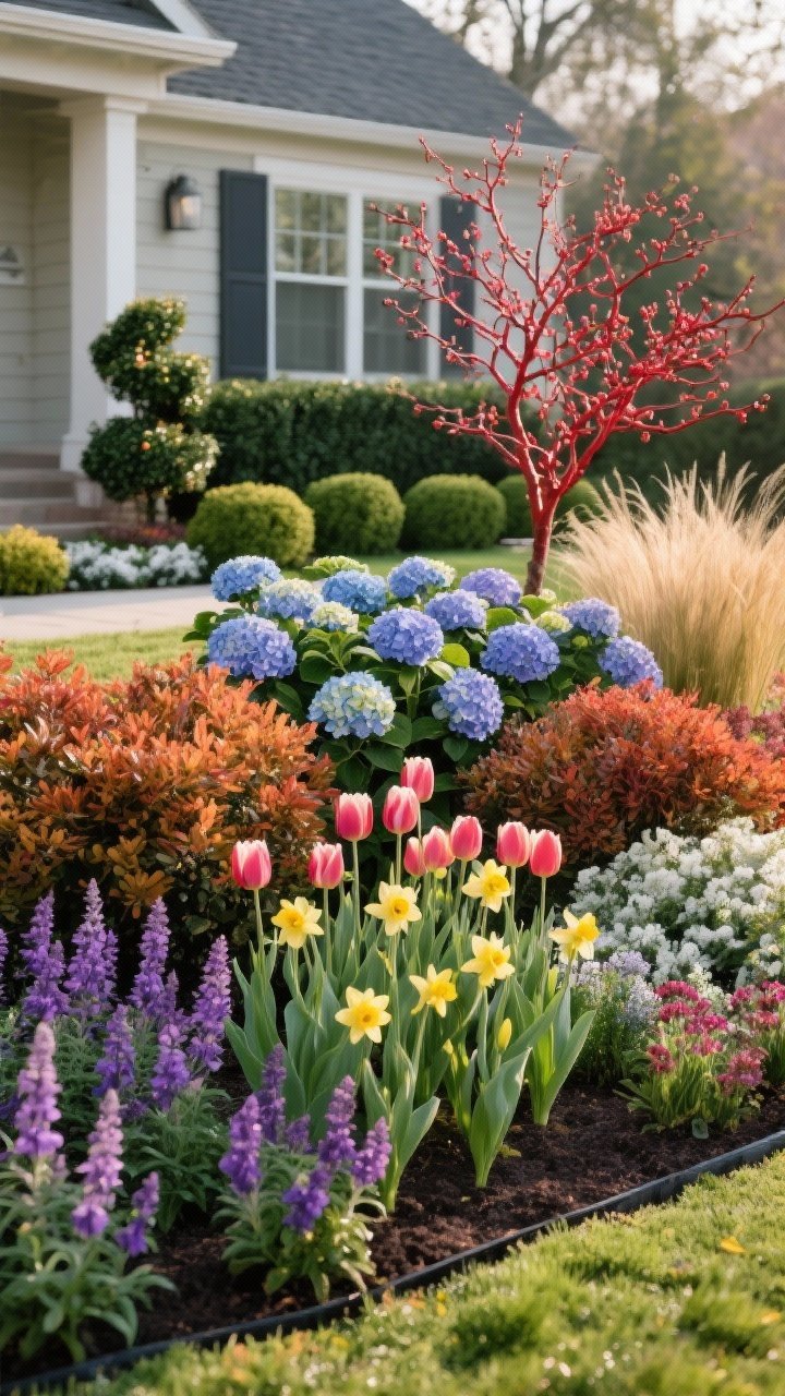 Medium-wide garden vignette, straight-on: A “four-season” front yard bed showcasing year-round interest—spring tulips and daffodils clustered in 3s, summer hydrangeas and purple salvia repeating rhythmically, fall color from burning bush and tufted ornamental grasses, and winter structure from boxwood, holly, and a striking red-twig dogwood; plants arranged in odd-numbered groups with repeating patterns; soft diffuse daylight for accurate color and structure.