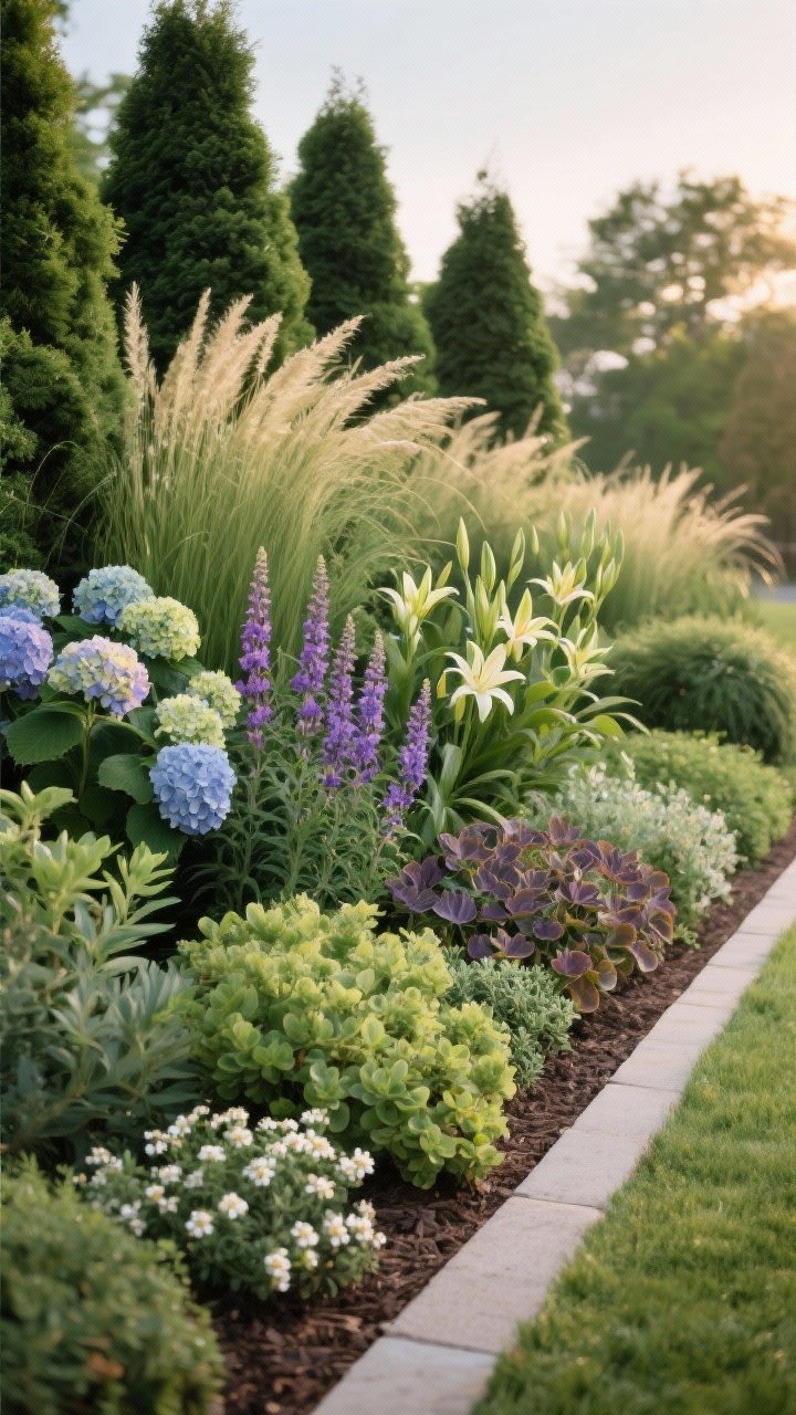 Medium-wide layered planting bed: back layer anchors of evergreen shrubs and tall grasses (arborvitae, miscanthus), middle layer mixes of hydrangea, salvia, daylilies, and heuchera for color/texture, and a front edge softened with creeping thyme, sedum, ajuga, and sweet alyssum; repeated shapes and a tight palette with two main colors, one accent, and lush greens; clean edges and mulch tidy; soft late afternoon light; photorealistic, straight-on garden border view.