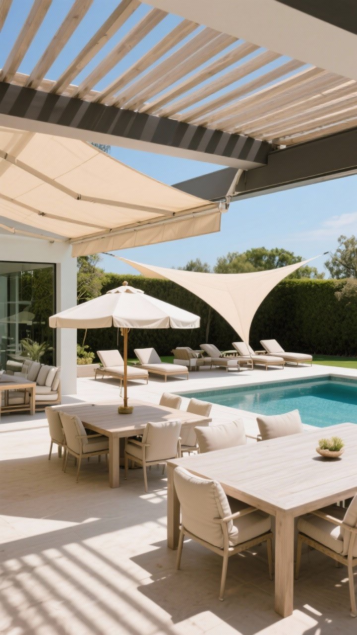 Medium-wide overhead angle: Smart layered shade solutions—slatted pergola casting filtered shadows over a dining area with a retractable canopy partially extended; a cantilever umbrella positioned over chaise loungers without blocking pool views; a sculptural shade sail spanning part of the patio in a soft neutral UV-stable fabric; umbrella canopies color-matched to outdoor cushions; bright sun with visible shadow patterns.