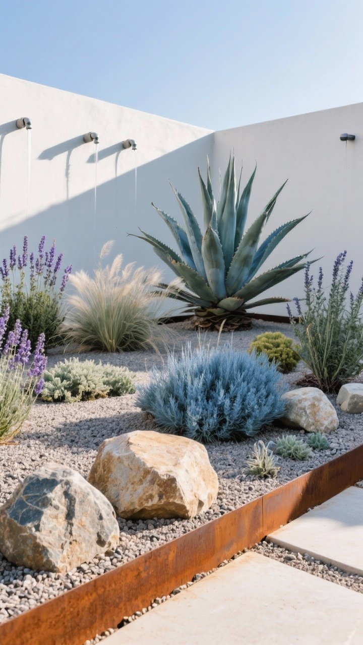 Medium-wide shot: A modern dry garden with sculptural agave and yucca, lavender, rosemary, catmint, feather grass, blue fescue, and sedum grouped by water needs. Ground plane is decomposed granite with river rock accents and corten steel edging; a few strategically placed boulders add drama. Afternoon sunlight with crisp shadows; textures of DG, rusted steel, and blue-green foliage; overhead drip irrigation emitters subtly visible beneath gravel; clean, minimal vibe.