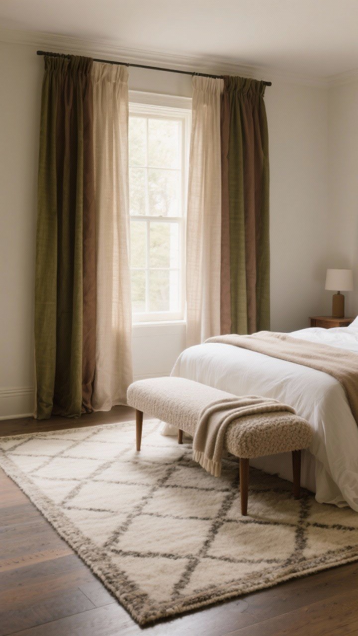 Medium-wide shot focusing on soft surfaces for floor and windows: low-pile wool or wool-blend area rug extending 18–24 inches beyond the sides of the bed with a quiet pattern (vintage-inspired or tonal geometric), lined linen or cotton twill curtains in oat/taupe/olive hung high and wide to elongate the room, and a bouclé or upholstered bench at the foot of the bed; if space is tight, show paired narrow runners on either side of the bed; include a neatly draped minimal heated throw on the bench; natural morning light through the curtains creating a warm, cozy ambiance; camera at slightly elevated eye level for a clear, inviting composition without people