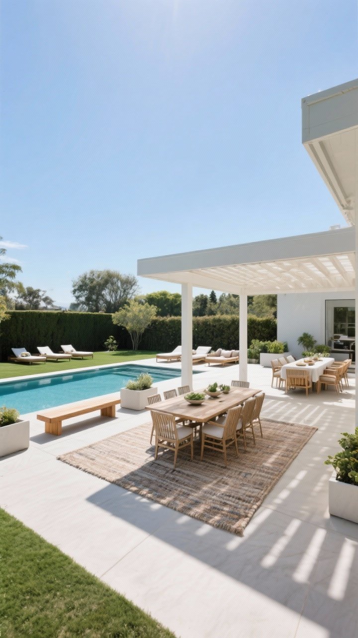 Medium-wide shot from a corner angle: A zoned backyard with clear sightlines to the pool—an outdoor rug anchoring a dining set, a separate lounge area near the water, low planters and backless wooden benches acting as soft dividers; a simple pergola over the dining area with open sky above loungers; low-profile furniture near the pool edge to keep water views unobstructed; bright daytime lighting, crisp shadows.