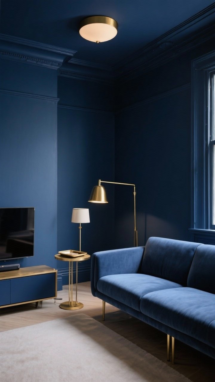 Medium-wide shot: Jewel-box small living room fully color-drenched in deep slate blue—walls, trim, and ceiling all the same shade. A sleek loveseat with visible legs replaces a bulky sectional; slim brass accents (floor lamp and tray) and a narrow console instead of a chunky media unit. Limited palette: slate blue + brass + a light neutral. Layered lighting: dimmable ceiling light, brass floor lamp, and a small table lamp. Moody, intimate vibe with clean lines and visible floor space, photorealistic.