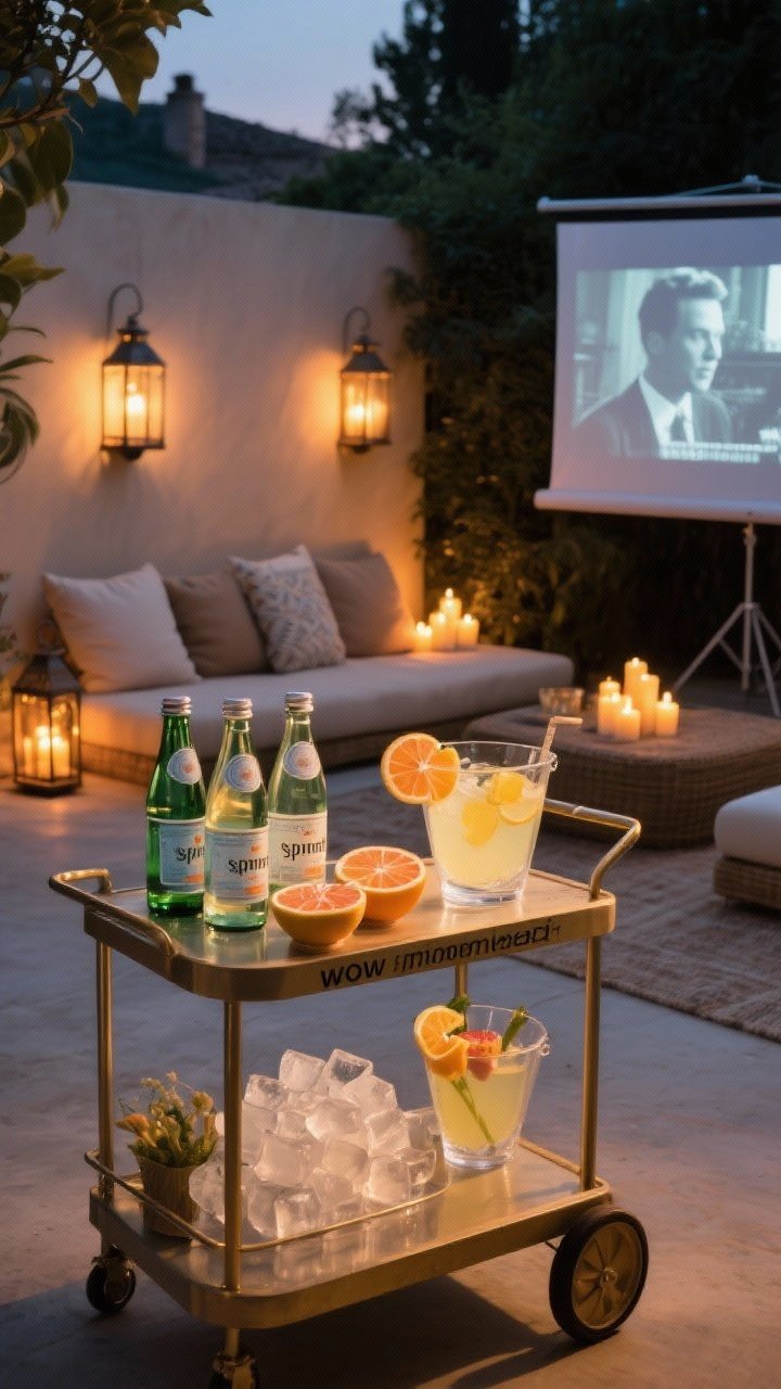 Medium-wide “wow moment” scene: a DIY spritz cart styled beautifully on a bar cart with sparkling water bottles, aperitivo, citrus slices, and pretty ice cubes in a clear bucket; adjacent glow lounge with battery candles, a lantern wall, and soft floor pillows; optional outdoor projector setup with a classic short film paused on a screen; photogenic, warm, and dramatic yet simple lighting.