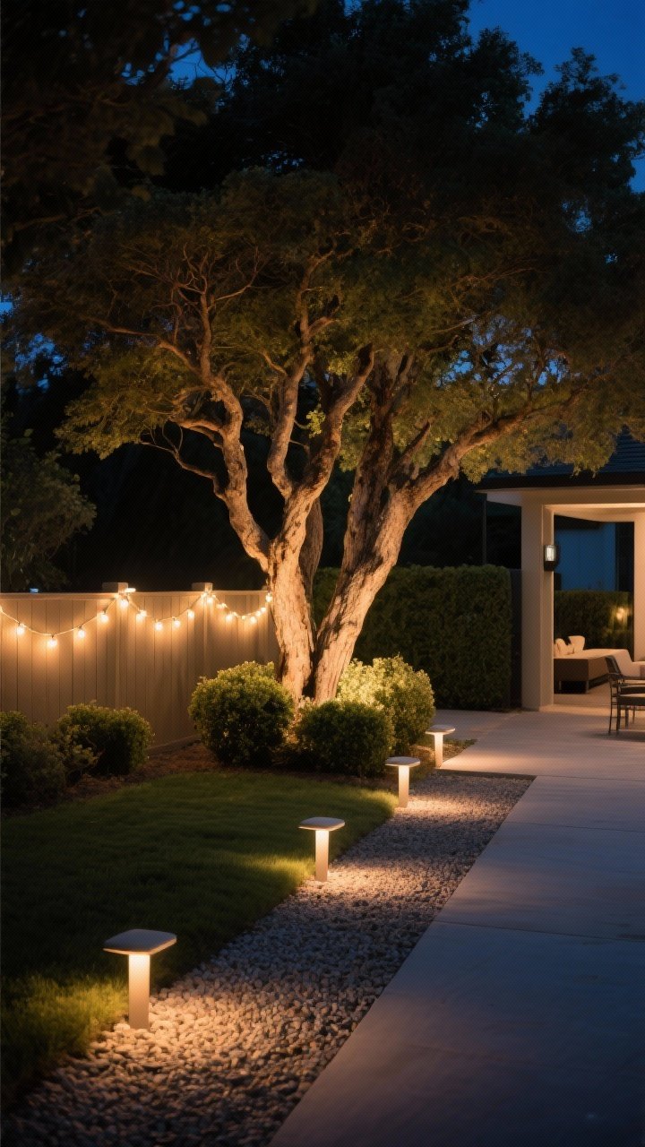 Night garden lighting scene, medium-wide: warm white (2700K–3000K) uplights washing a multi-trunk shrub and tree canopy to reveal form and texture; evenly spaced, low-profile path lights with warm LEDs guiding a gravel path; a line of soft string lights draped over a patio edge/fence for ambiance; no harsh blue-white tones; cinematic nighttime mood with deep shadows and warm glow; photorealistic, straight-on composition.