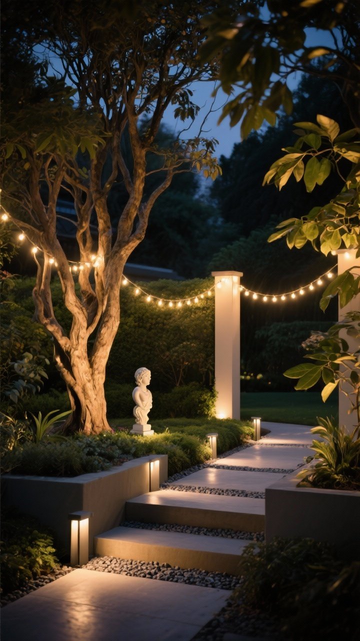 Night garden scene focused on layered lighting: ambient string lights draped softly between posts, warm 2700–3000K LEDs; task lighting as discreet downlights under steps and along a gravel path; accent uplights aimed at a sculptural multi-trunk tree and a small garden statue; fixtures hidden from direct view so only the light is visible; subtle reflections on leaves for a moody, magical feel; medium shot from path level capturing depth and safety, no people.