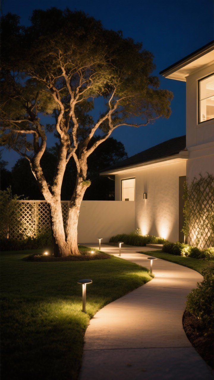 Night garden scene, medium-wide: layered landscape lighting showcasing a focal multi-trunk tree uplighted to cast sculptural shadows, low shielded path lights every 6–8 feet glowing along a curved walkway, soft wall grazers washing the home’s facade for depth, and a trellis softly backlit to create a dreamy silhouette; all LEDs at warm 2700K; subtle, cinematic ambiance; photorealistic.