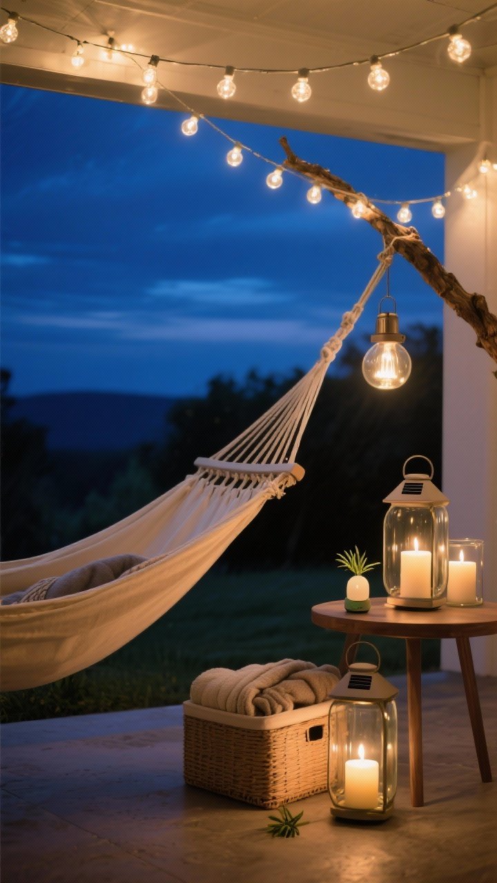 Nighttime closeup/medium: A hammock under warm-white Edison string lights swagged overhead. Solar lanterns at varying heights—one on the ground, one on a side table, one hanging from a branch—cast soft glows. Flameless candles in hurricane glass add flicker. A small lidded storage basket holds throws; a discreet citronella diffuser emits a gentle mist nearby. Deep blue evening sky, cinematic, cozy, no people, photorealistic.