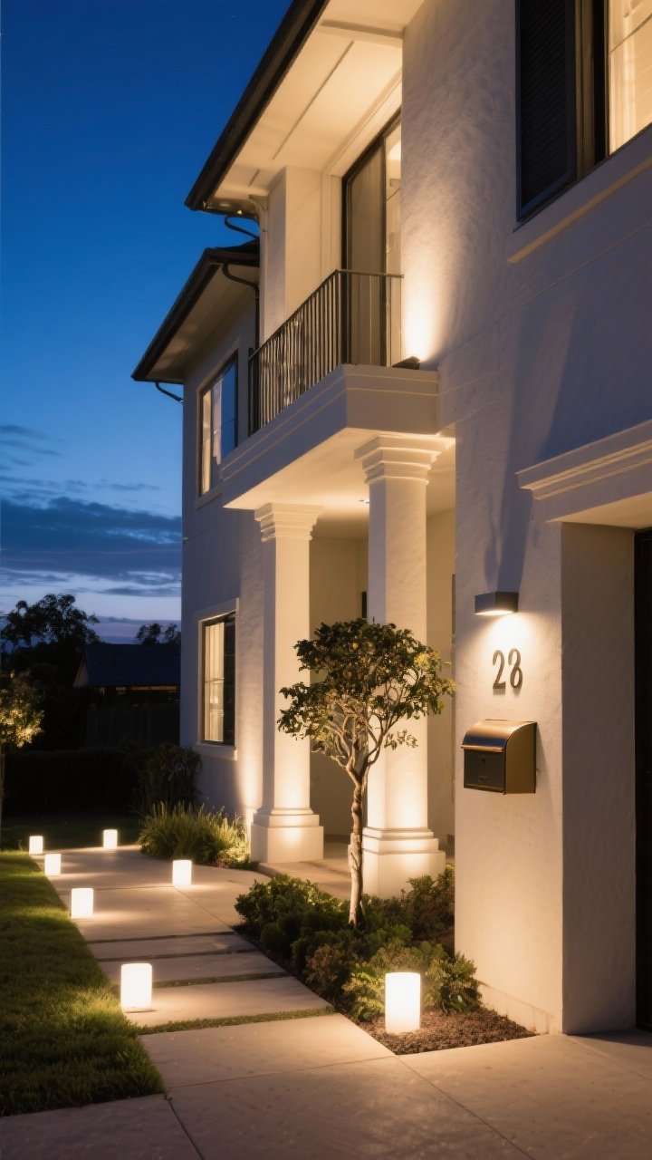 Nighttime exterior, medium shot: Boutique-hotel-inspired layered landscape lighting—warm white (2700–3000K) path lights punctuating a walkway, soft uplights grazing a pair of columns and a small ornamental tree to create height and shadow, and a focused accent light illuminating modern house numbers and a stylish mailbox; the facade glows warmly without harsh glare; deep blue twilight sky and balanced exposures for a photorealistic, luxe mood.