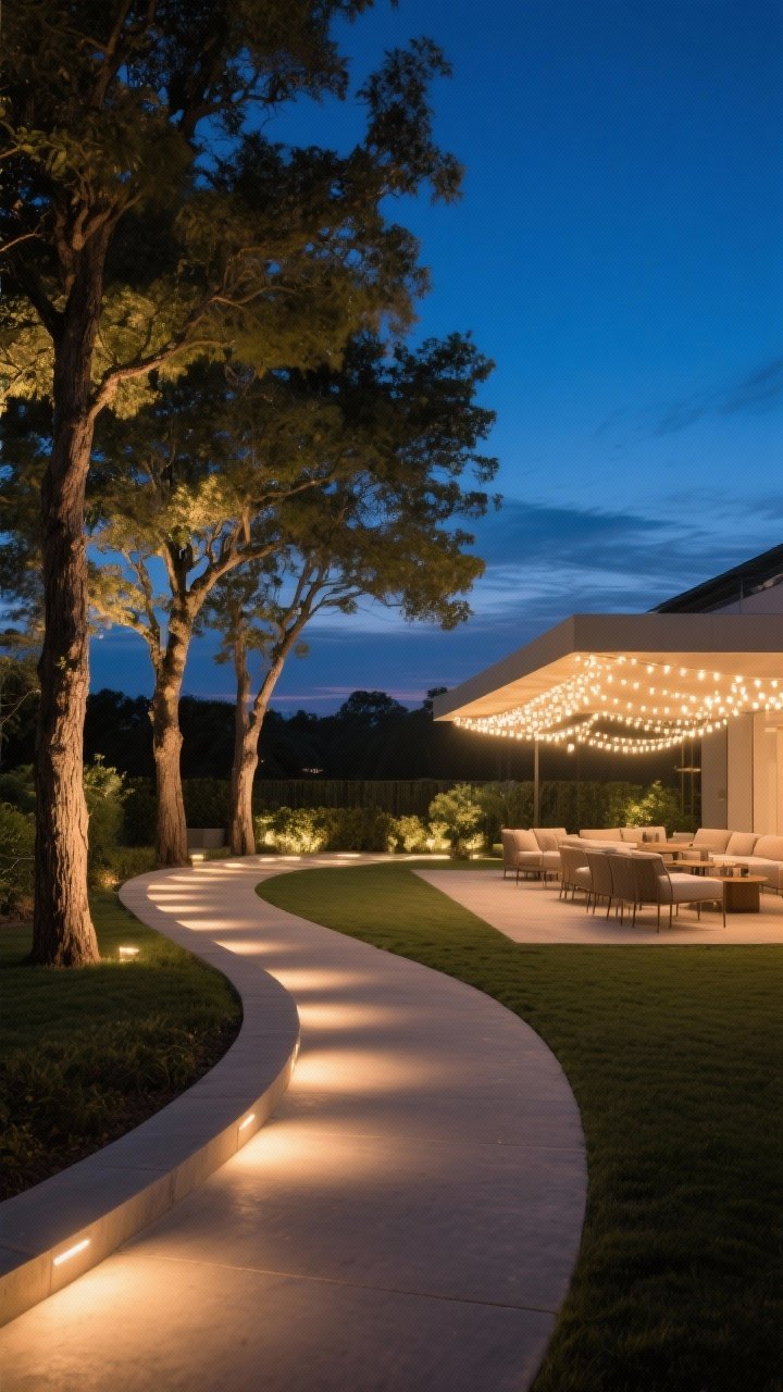 Nighttime scene, wide shot: layered outdoor lighting with staggered path lights forming subtle pools of illumination along a curved walkway, warm uplights grazing the trunks and canopies of a few trees for vertical drama, and a canopy of warm white string lights over a seating area; avoid a runway effect with irregular spacing; deep blue twilight sky; photorealistic shadows and highlights.
