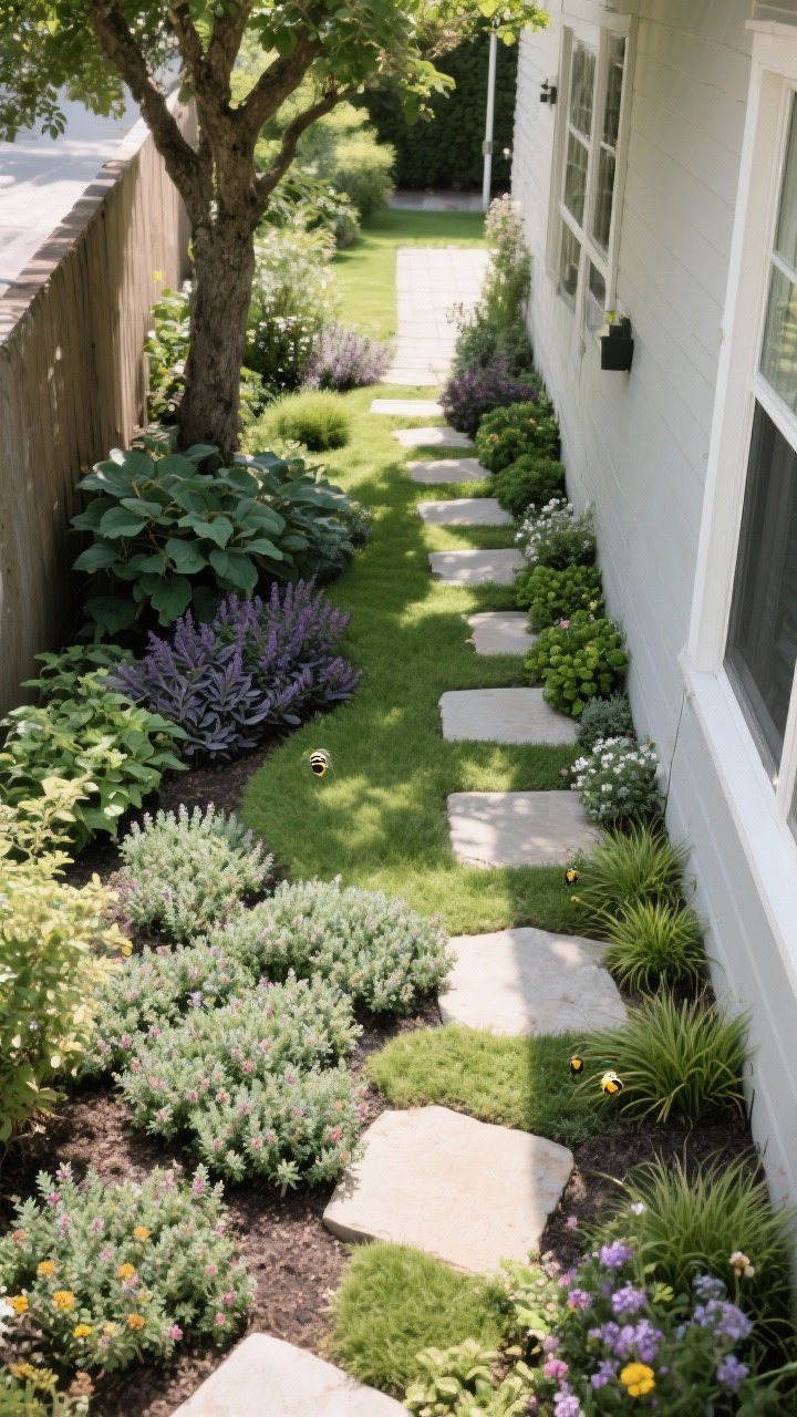 Overhead angle, medium: A side-yard path softened with ground covers replacing lawn—sunny sections of creeping thyme and sedum between stepping stones, a shady area under a tree with pachysandra and ajuga, and high-traffic joints filled with creeping Jenny and dwarf mondo grass. Natural daylight, bee-friendly blooms dotted through, low and lush with no mower in sight.