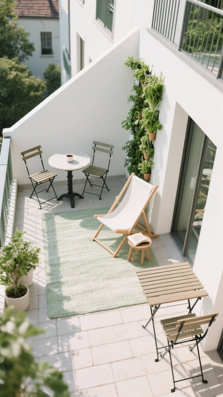 Overhead/angled small balcony layout that feels spacious: clearly defined zones—a slim bistro table with two chairs for morning coffee, a single lounge chair with a small side table for reading, and a vertical herb wall mounted on one side; foldable drop-leaf table and stackable chairs evident; pale outdoor rug and light-toned pavers to brighten; tight color palette of greens, whites, and wood tones; photorealistic, tidy styling.