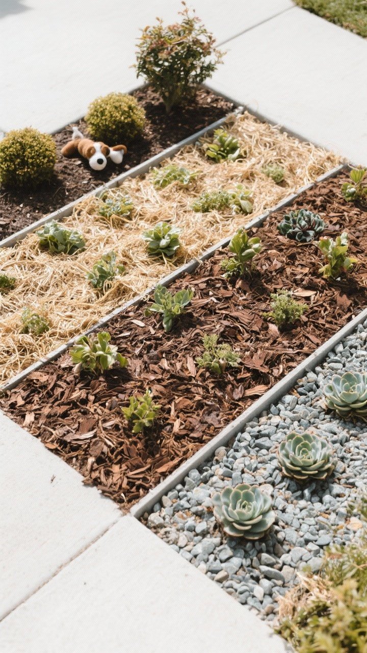 Overhead detail: A freshly mulched garden bed with clean edges, photographed in bright overcast for even lighting. Distinct mulch zones show textures: shredded bark around perennials, straw between veggie rows, cocoa hulls circling ornamental shrubs (dog toys absent), and a gravel pocket near succulents. Mulch thickness is 2–3 inches with a neat gap around plant stems to prevent rot. The textures—fibrous bark, lightweight straw, glossy cocoa hulls, and angular gravel—contrast beautifully.