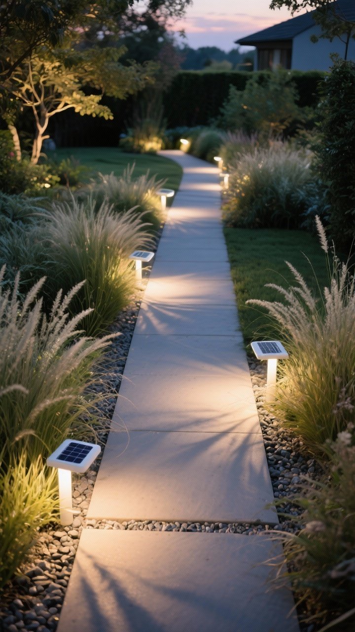 Overhead-detail/angled shot: A garden path at dusk with alternating low-glare, shielded path lights on either side creating a soft, dappled wash of light downward; fixtures tucked into ornamental grasses so blades shimmer; spacing avoids a runway effect; warm white glow with higher-lumen solar fixtures; gravel path texture and plant shadows visible; no harsh glare in the lens.