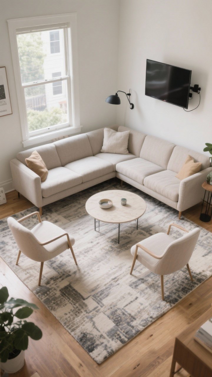 Overhead/detail hybrid shot: A reoriented small living room layout centered on flow. The sofa is rotated to face the window and floated about 10 inches off the wall; a larger rug anchors the seating with the front legs of all seating on it. Two light, slim accent chairs form a conversation zone around a round coffee table for clear pathways. Include a TV on a swing-arm wall mount visible at the edge. Emphasize spatial zones and round shapes aiding traffic flow, natural daylight, photorealistic.